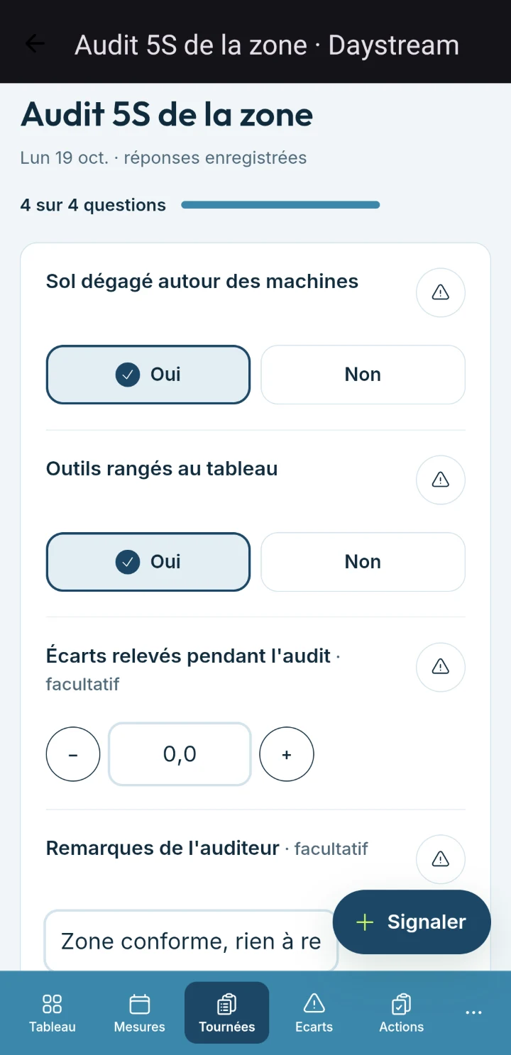 Daystream sur téléphone, formulaire d'audit 5S pendant la tournée