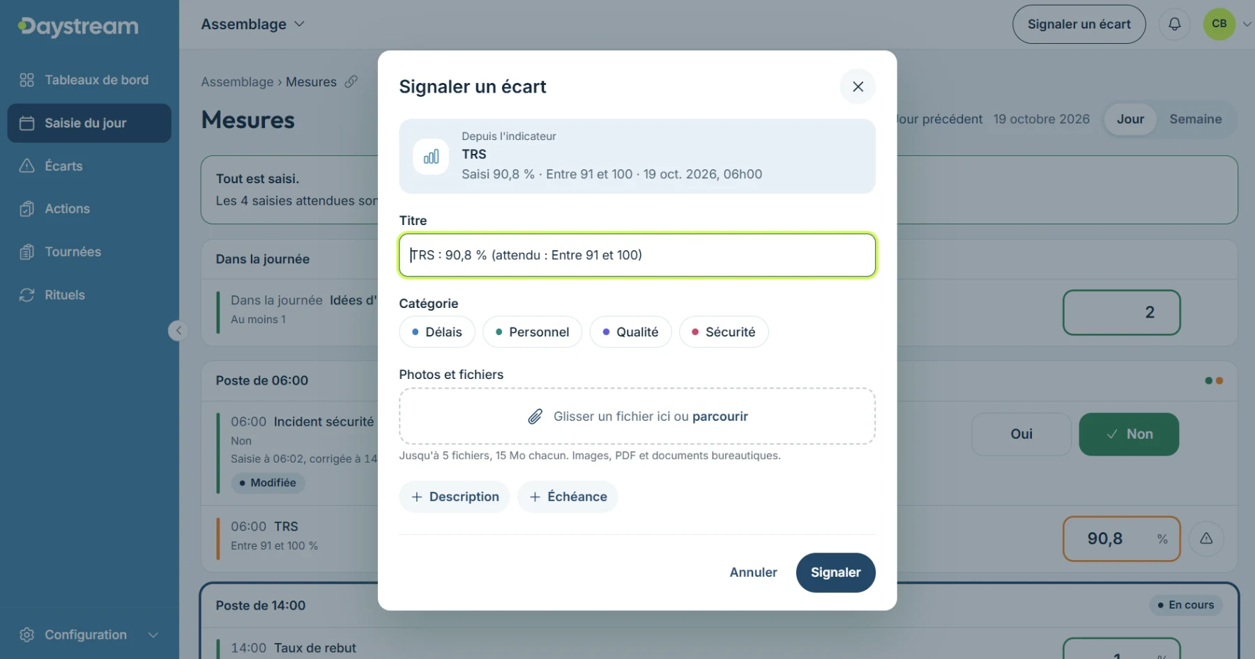 Daystream, signaler un écart depuis un indicateur TRS hors tolérance